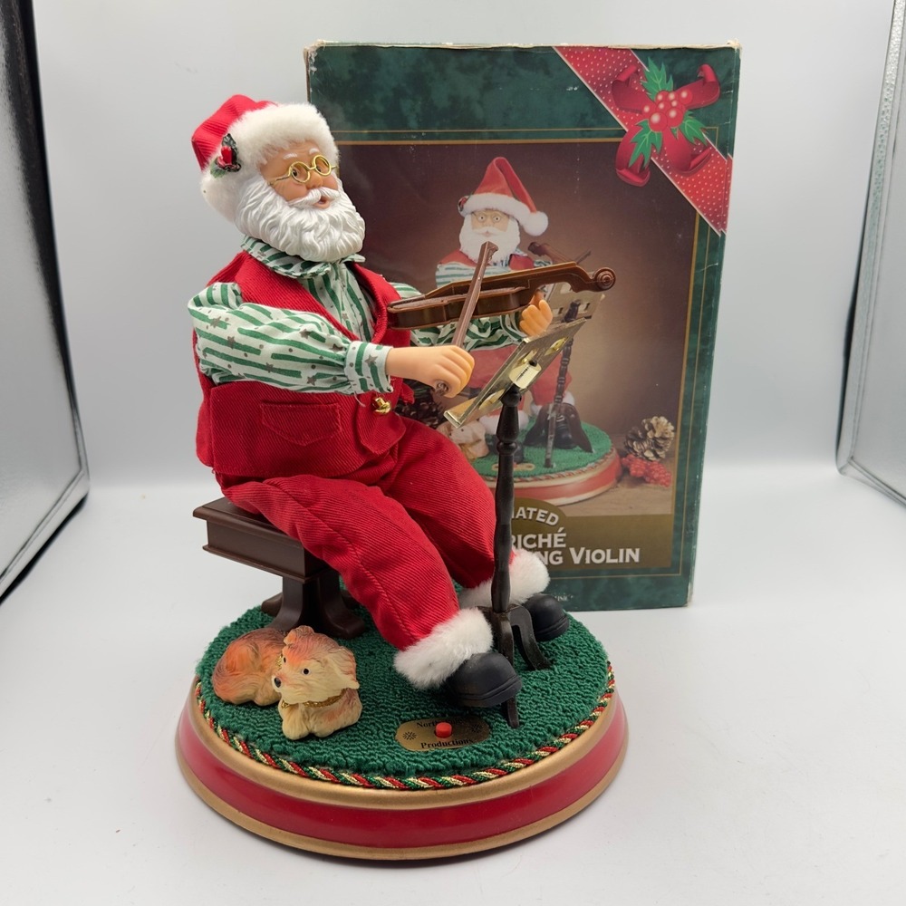 Vintage 1997 Gemmy Animated Fabric Mache Santa‎ Playing Violin Music Box 13222